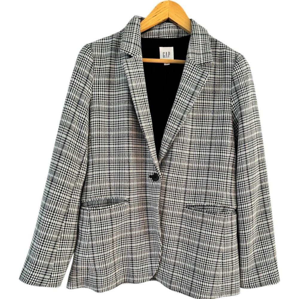 Gap Houndstooth Plaid Blazer Jacket Black White Women’s Size 4P